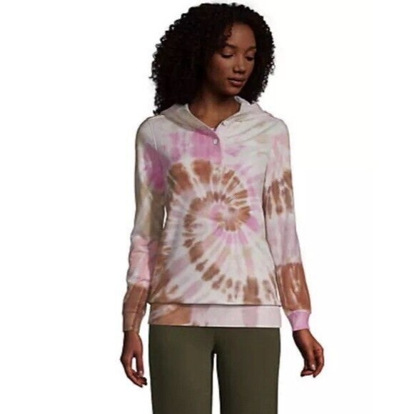 Lands’ End Serious Sweats Tie Dye Hoodie Sweatshirt Women’s Medium Pink Brown - Picture 1 of 7
